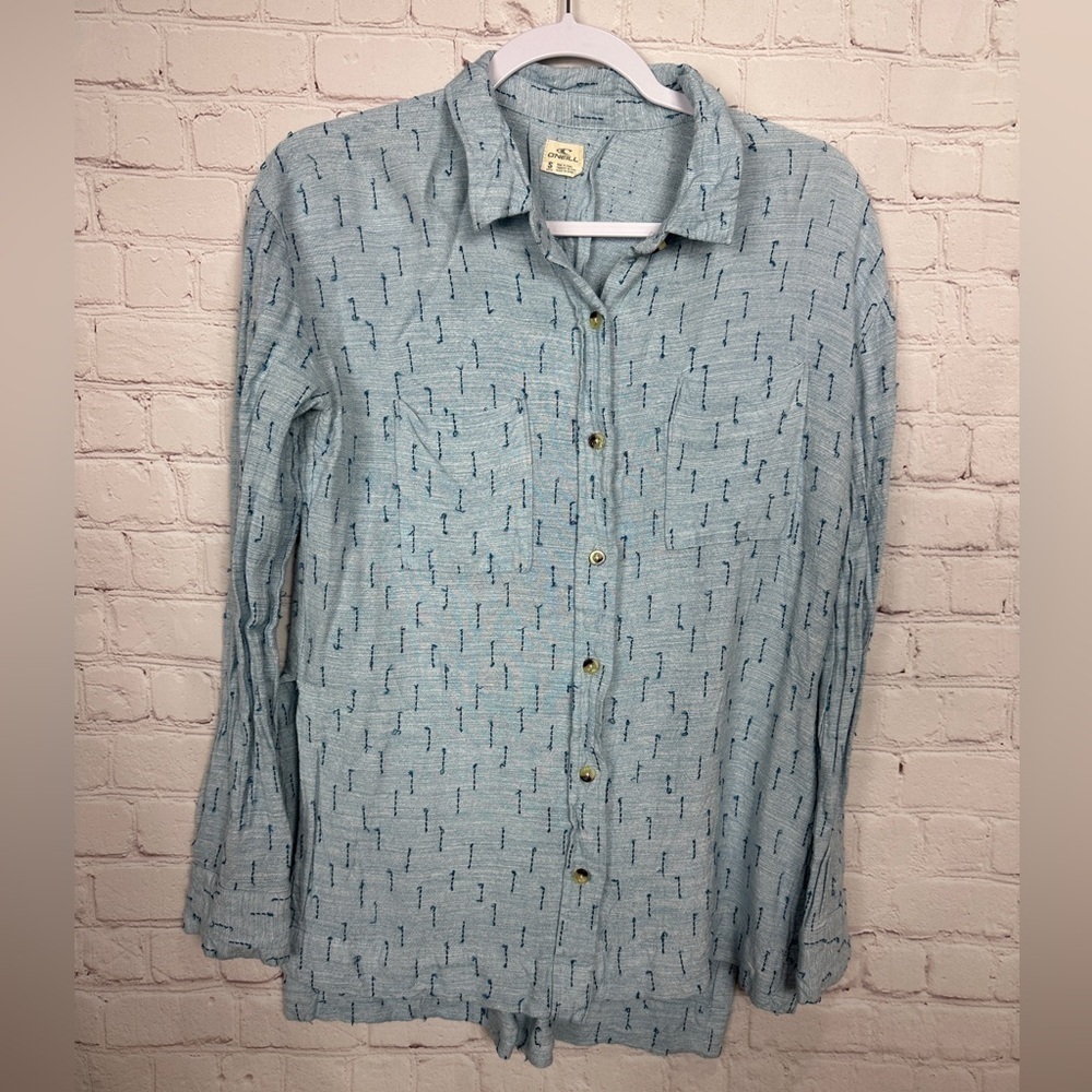 O'Neill Tunic Top Coverup blue embroidered long sleeve shirt button up, sz S